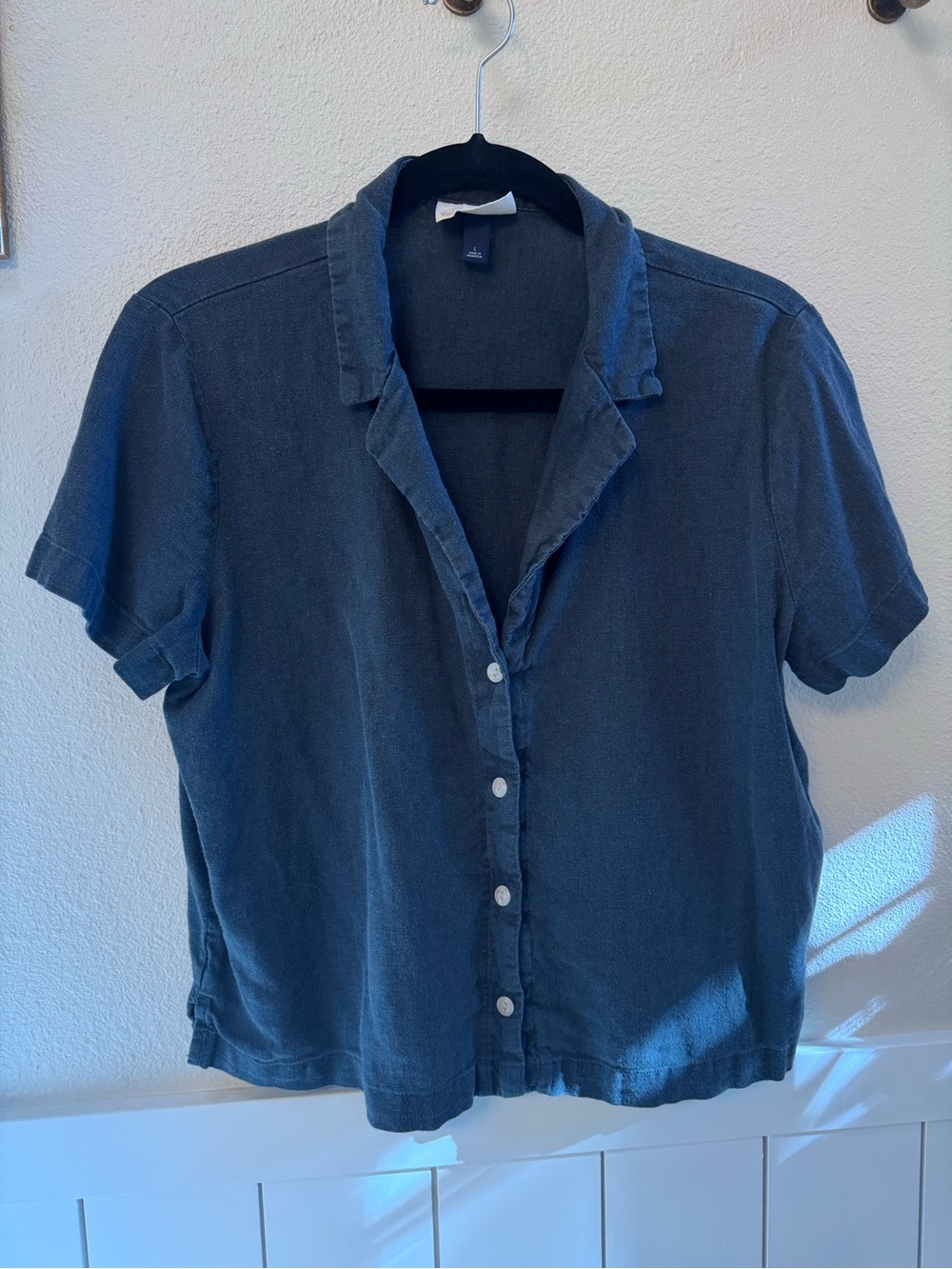 Linen Boxy Short-Sleeve Button Front Top - vintage washed black